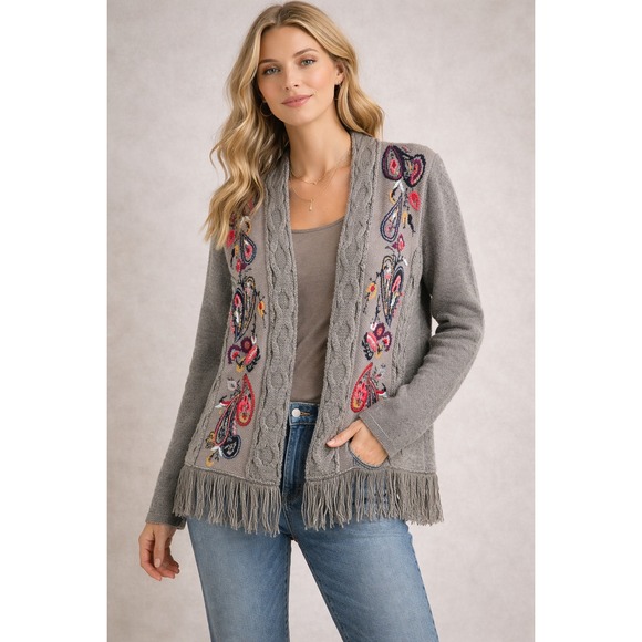 Anthropologie Sleeping On Snow Folklore Embroidered Fringe Cardigan Gray - Picture 2 of 12
